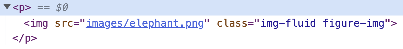 Screenshot of html output showing the image inside a paragraph block.