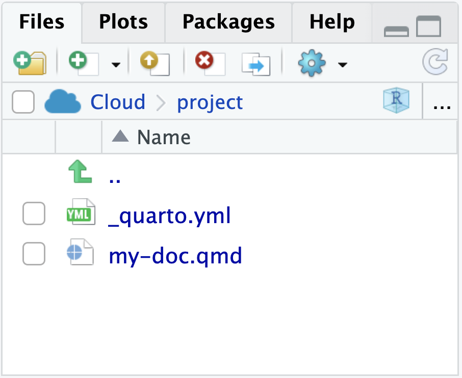 Files panel in RStudio showing my-doc.qmd and _quarto.yml.